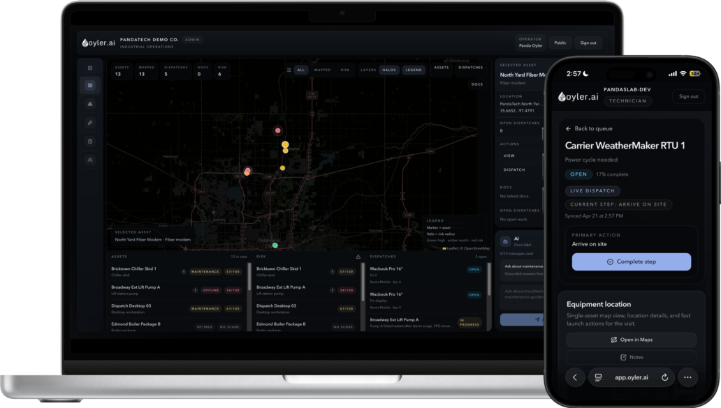 Oyler app shown across laptop and phone mockups